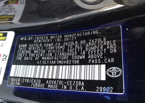 2021 Toyota Camry Se z USA, uszkodzony, nr VIN 4T1G11AK1MU482196